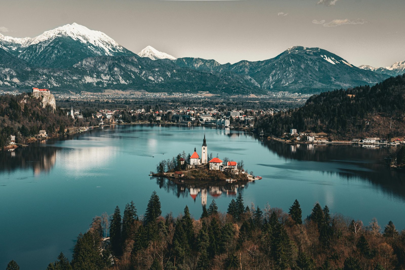 Aerial view of Hallstatt, Austria, with picturesque mountains and lake scenery.